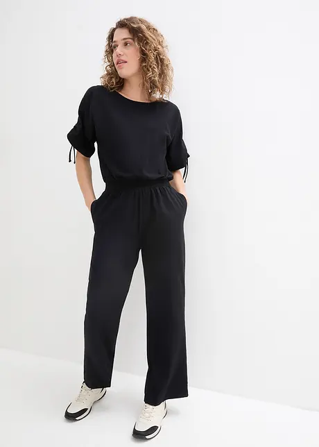 Jersey jumpsuit met rijgkoordjes en wijde pijpen, bonprix