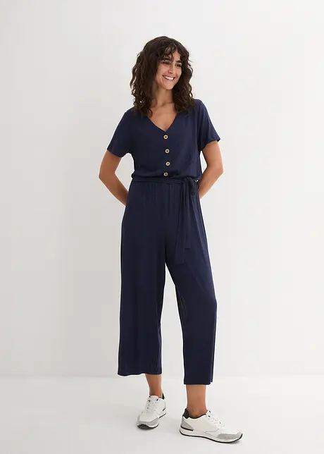 Jersey jumpsuit met V-hals, korte mouw, bonprix