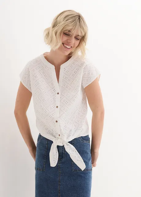 Blouse met broderie anglaise en korte mouwen, John Baner JEANSWEAR