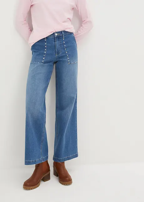 Wide leg mid waist jeans met studs, bonprix