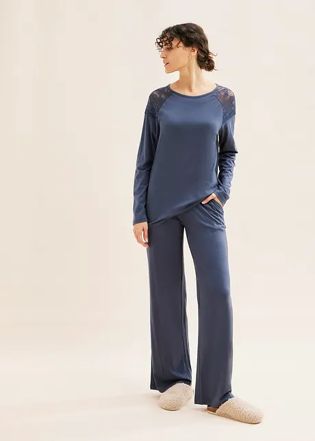 Pyjama met wijde pijpen, kant en viscose (2-dlg. set), bonprix