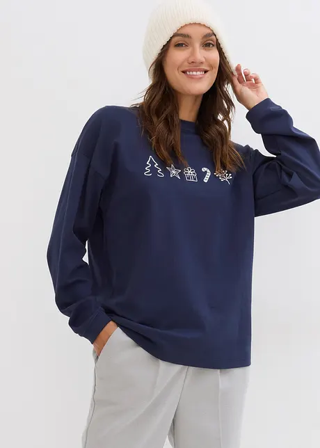 Kerst longsleeve met borduursel, oversized, bonprix