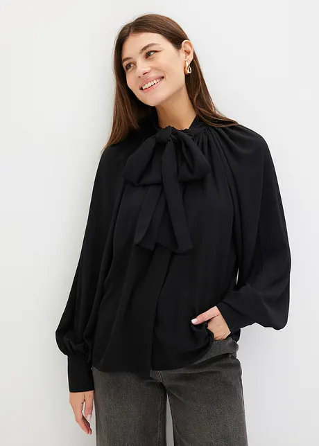 Trendy blouse met een strik en een knoopsluiting voorop - zwart