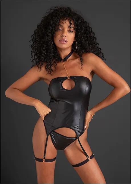 Bustier met jarretels en string in wetlook (2-dlg. set), VENUS