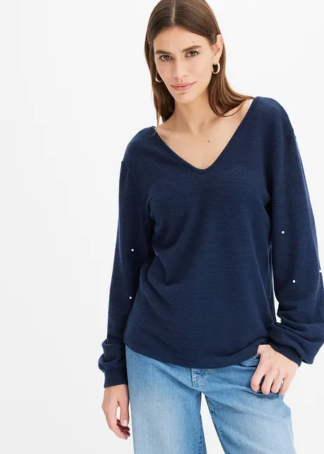 Knus fleece shirt met parels, bonprix
