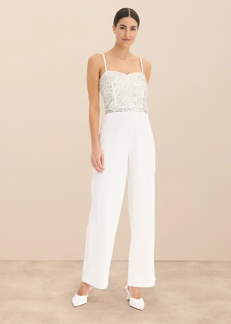 Bruidsjumpsuit van crêpe met structuur en parelborduursel, bonprix