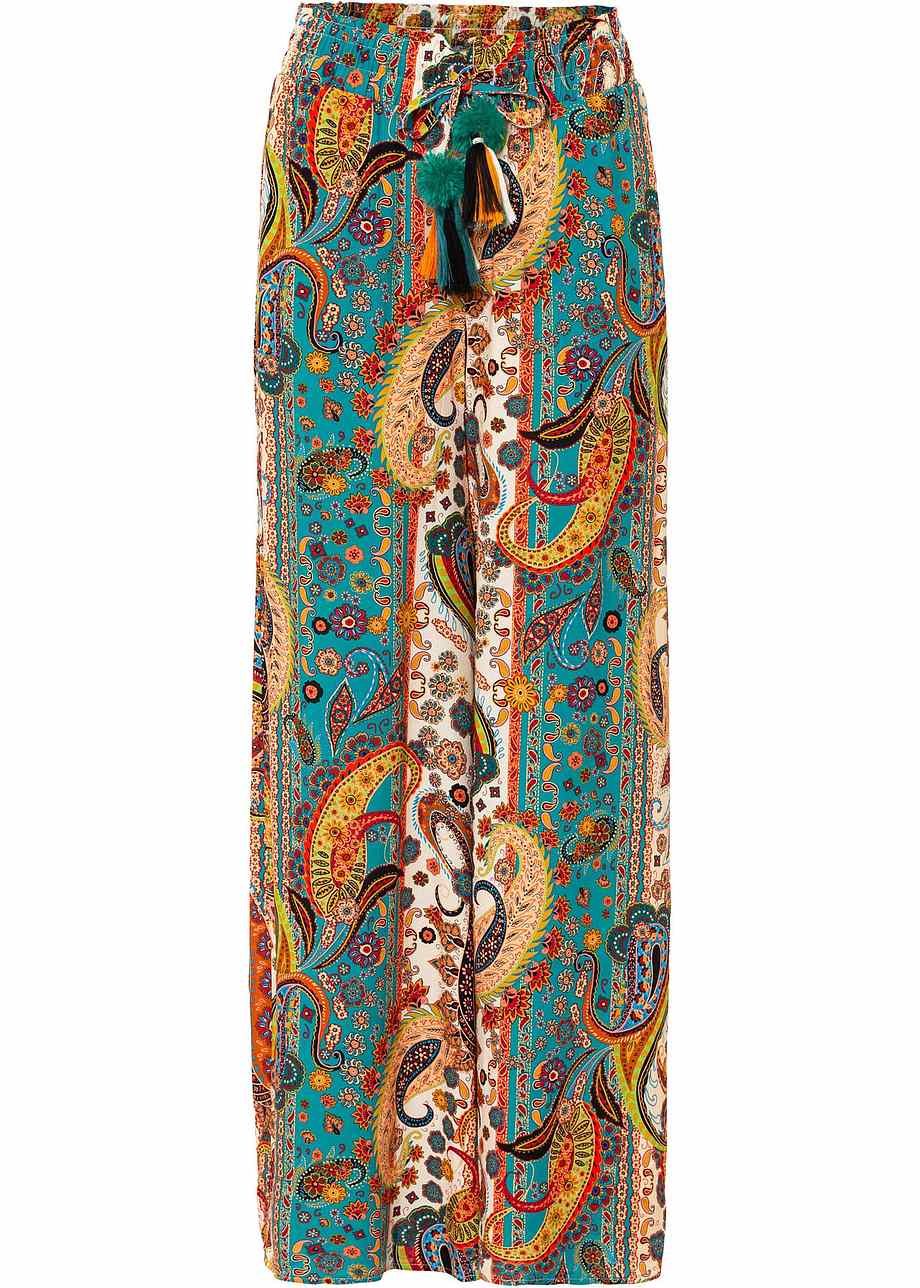 Wijde broek met een elastische band en een mooi patroon beige/turkoois/oranje paisley