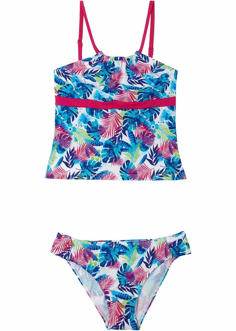 Tankini voor meisjes met een kleurrijke print en verstelbare