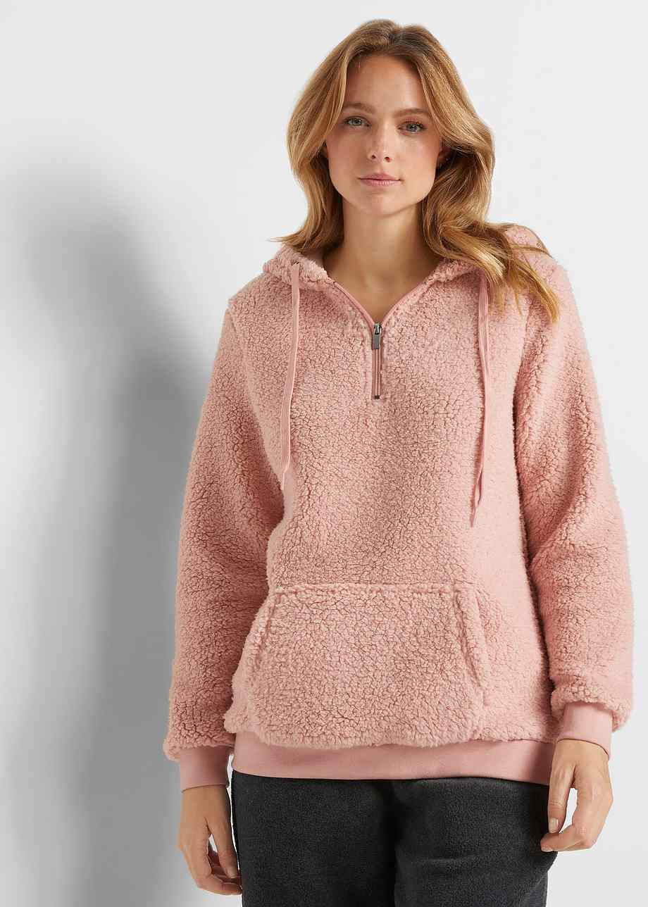 Trui Van Teddy Fleece Met Een Ritsdetail En Een Capuchon Vintage Roze