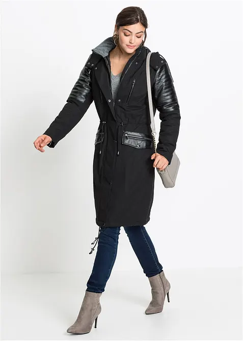 Lange parka met imitatieleer, bonprix