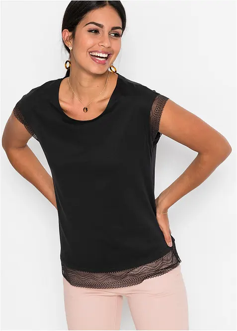 Boxy shirt met kant van katoen, bonprix