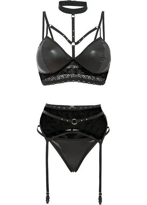 Bralette, string, jarretels in wetlook (3-dlg. set), bonprix