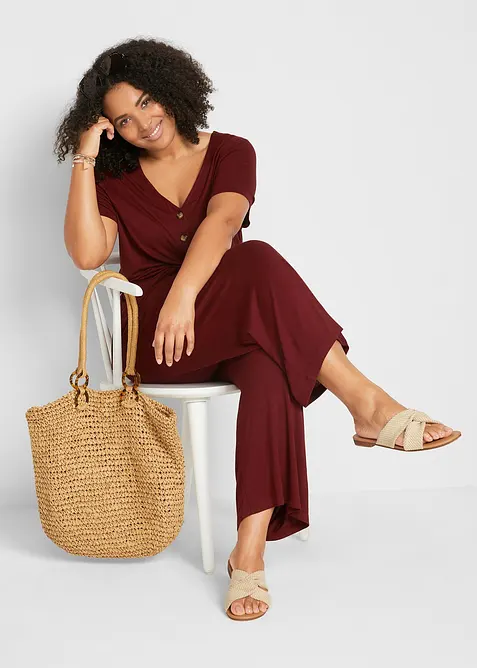 Jersey jumpsuit met V-hals, korte mouw, bonprix