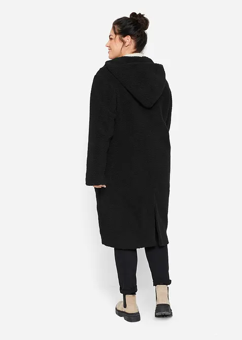 Lange teddy jas met capuchon en zakken, bonprix