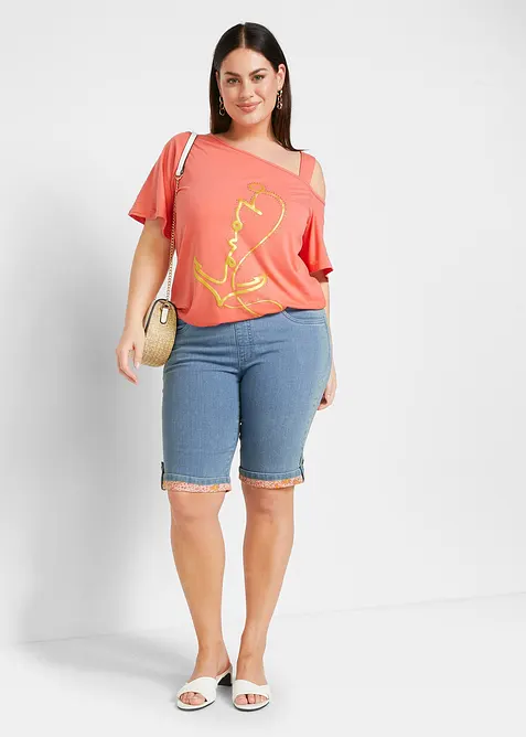 Jeans bermuda met gekleurde omslag, bonprix