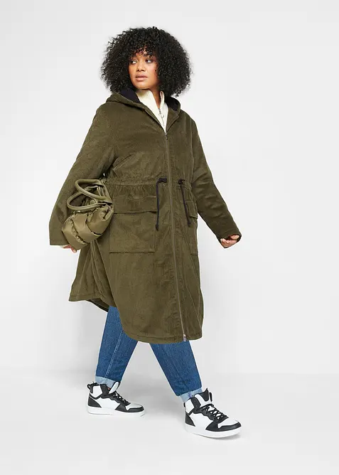 Lange corduroy jas met teddy fleece capuchon, bonprix