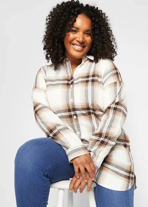 Lange, flanellen overhemdblouse van puur katoen, bonprix