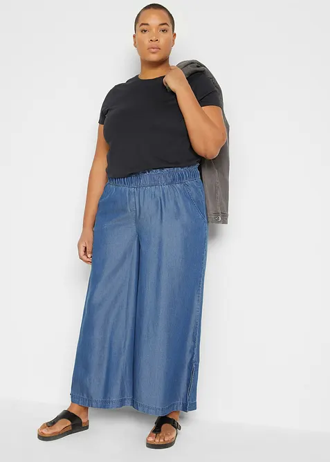 Soepelvallende palazzo jeans met splitten, 7/8 lengte, bonprix