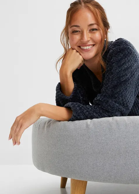 Huispak van fleece met een gebreid patroon en applicatie (2-dlg.), bonprix