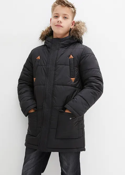Winterparka met imitatieleer details en capuchon met bontrand, bonprix