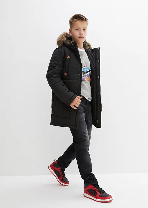 Winterparka met imitatieleer details en capuchon met bontrand, bonprix