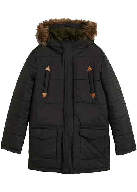 Winterparka met imitatieleer details en capuchon met bontrand, bonprix
