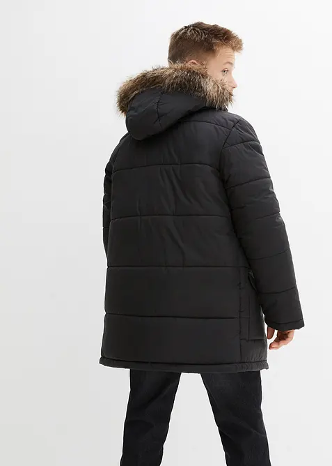 Winterparka met imitatieleer details en capuchon met bontrand, bonprix