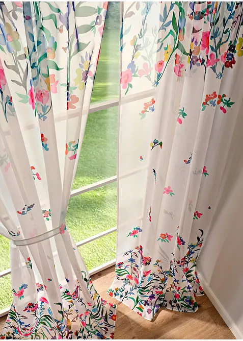 Transparant gordijn met bloemenprint en embrasse (set van 2), bonprix
