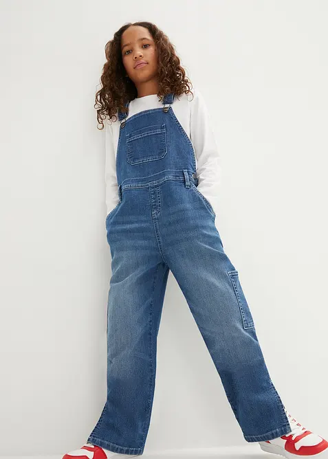Meisjes denim tuinbroek, mid waist, bonprix