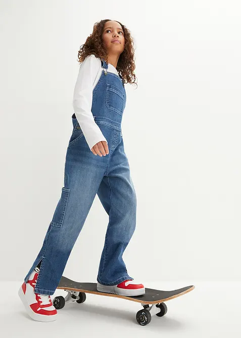 Meisjes denim tuinbroek, mid waist, bonprix