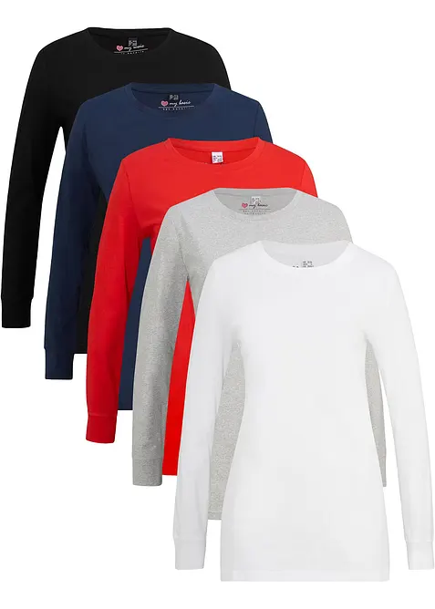 Longshirt met ronde hals, lange mouwen (set van 5), bonprix