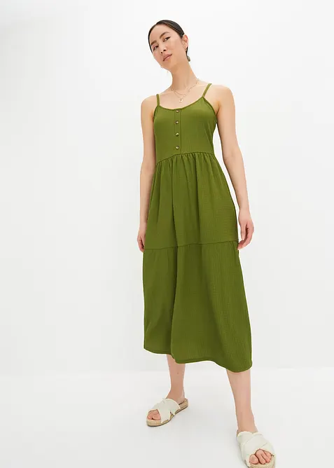 Jersey jurk in midilengte met volants en een decoratieve knoopsluiting, bonprix