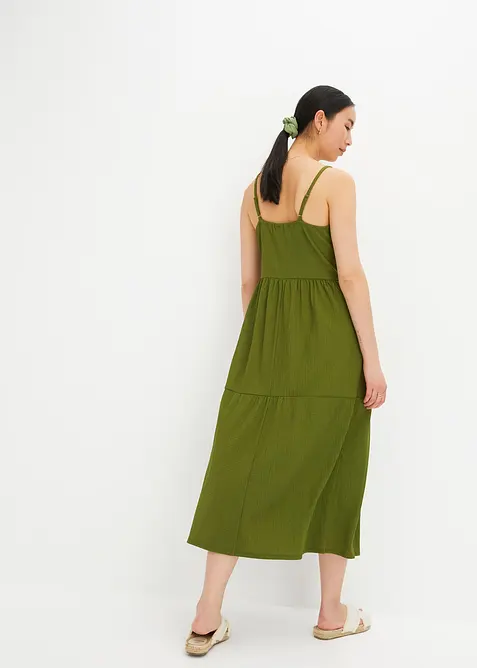 Jersey jurk in midilengte met volants en een decoratieve knoopsluiting, bonprix