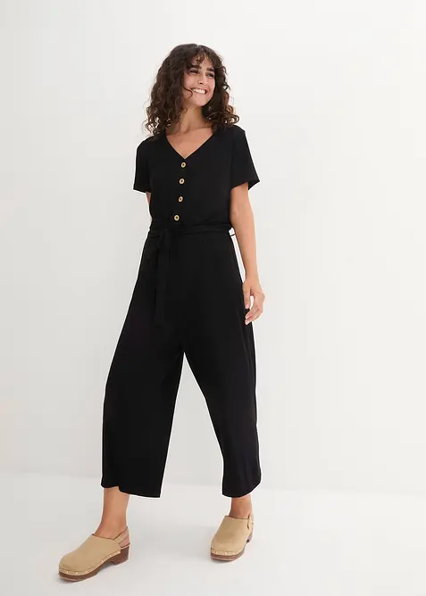 Jersey jumpsuit met V-hals, korte mouw, bonprix