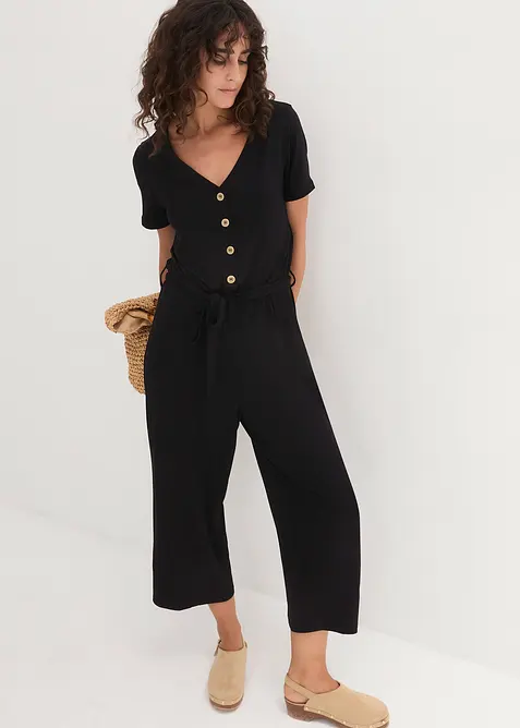 Jersey jumpsuit met V-hals, korte mouw, bonprix