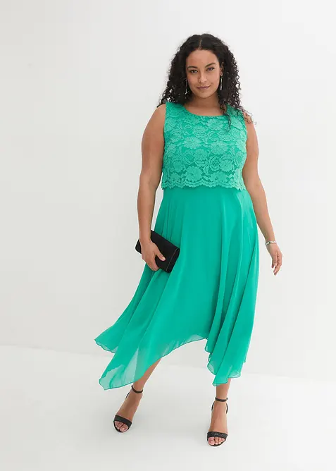 Premium chiffon midi jurk met kant, bonprix