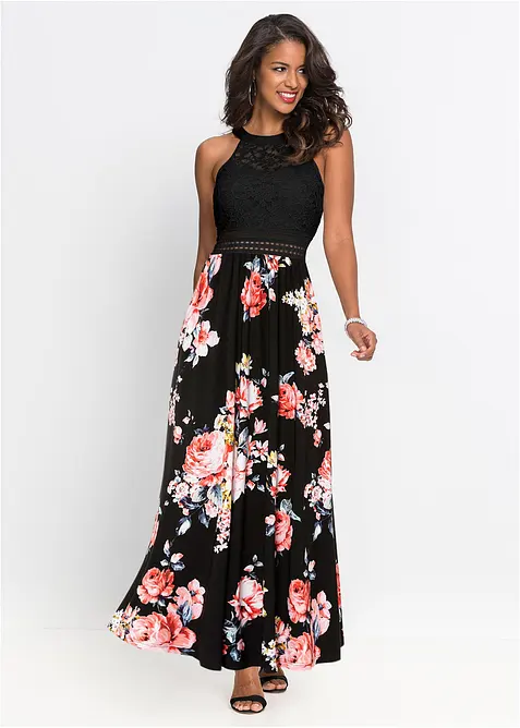 Maxi jurk met bloemenprint en kant, bonprix