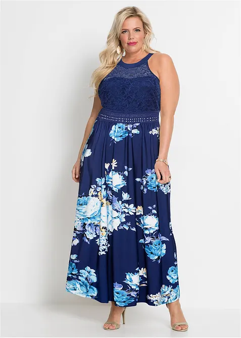 Maxi jurk met bloemenprint en kant, bonprix