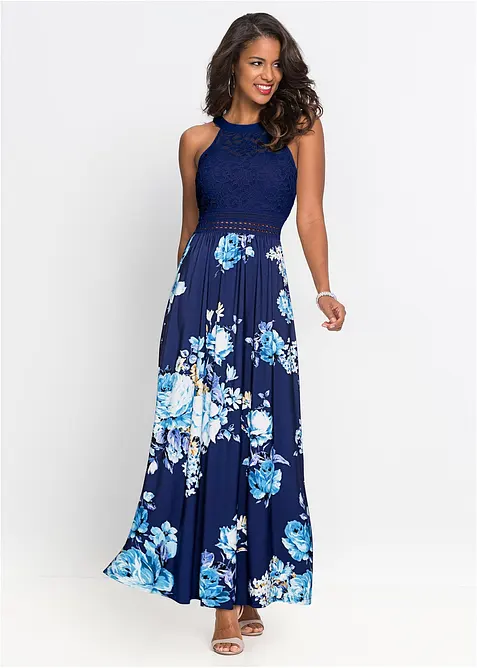 Maxi jurk met bloemenprint en kant, bonprix