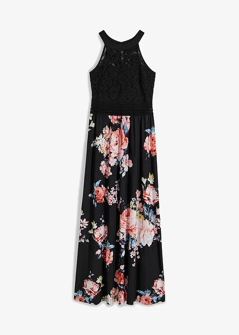 Maxi jurk met bloemenprint en kant, bonprix
