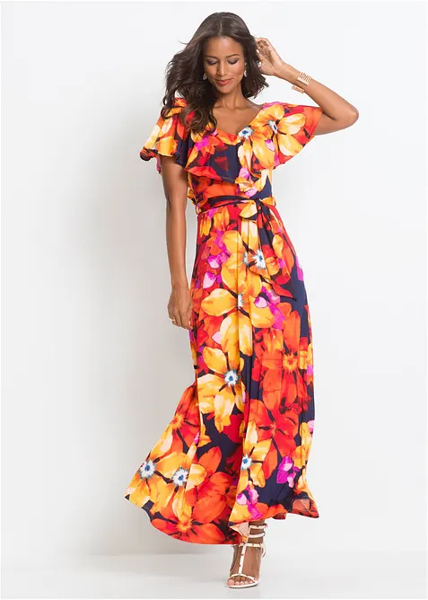 Maxi jurk met volant en ceintuur, bonprix