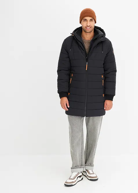Gewatteerde parka met capuchon en imitatieleer, bonprix