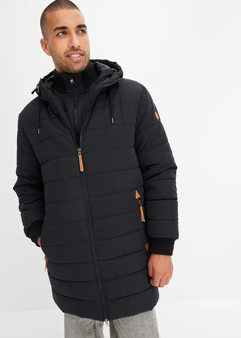 Gewatteerde parka met capuchon en imitatieleer, bonprix