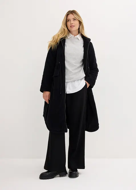 Lange corduroy jas met teddy fleece capuchon, bonprix