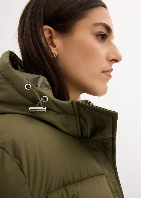 Lange, gewatteerde jas met capuchon, bonprix