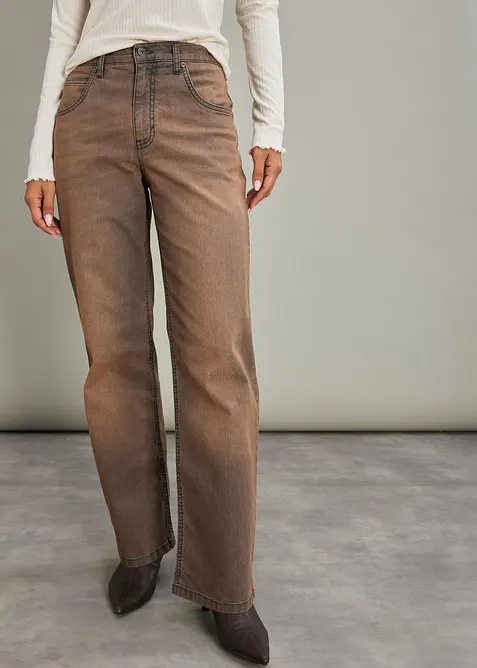 Wide leg jeans met vintage wassing, high waist, bonprix