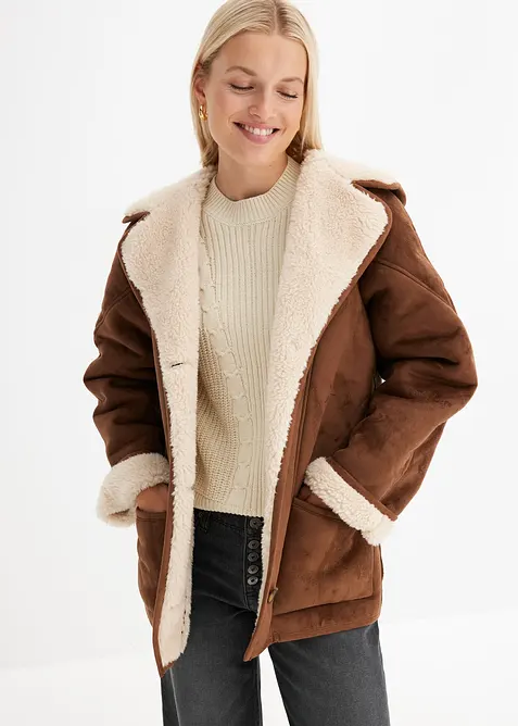 Shearling jas met capuchon, bonprix