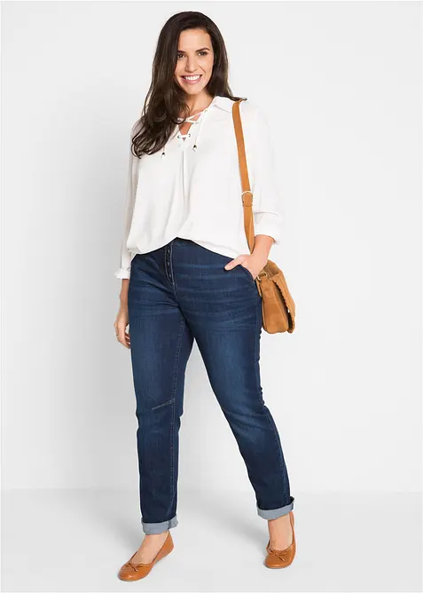 Stretch boyfriend jeans mid waist, met comfortabele band, bonprix