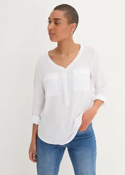 Blouse met lange mouwen en V-hals van vloeiende viscose, bonprix