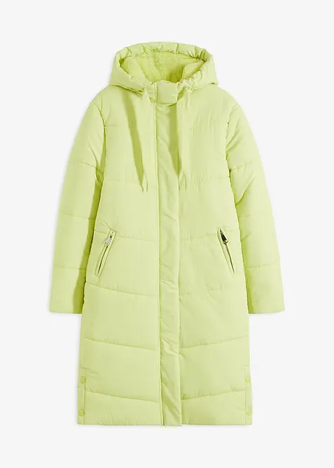 Lange gewatteerde jas met teddy voering in de capuchon, bonprix